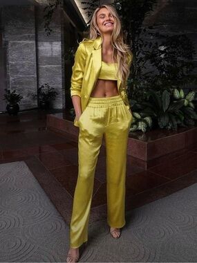 CINQ A SEPT‎ Hammered Satin Lemon Yellow Wide Leg Old Money Boho Chic Pants XS